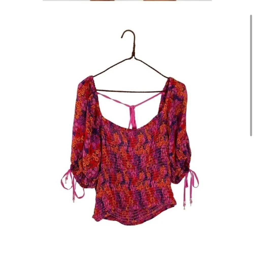 Free People Back On Elbow Puff Sleeve Cropped Top in Pink Floral, Medium NWT